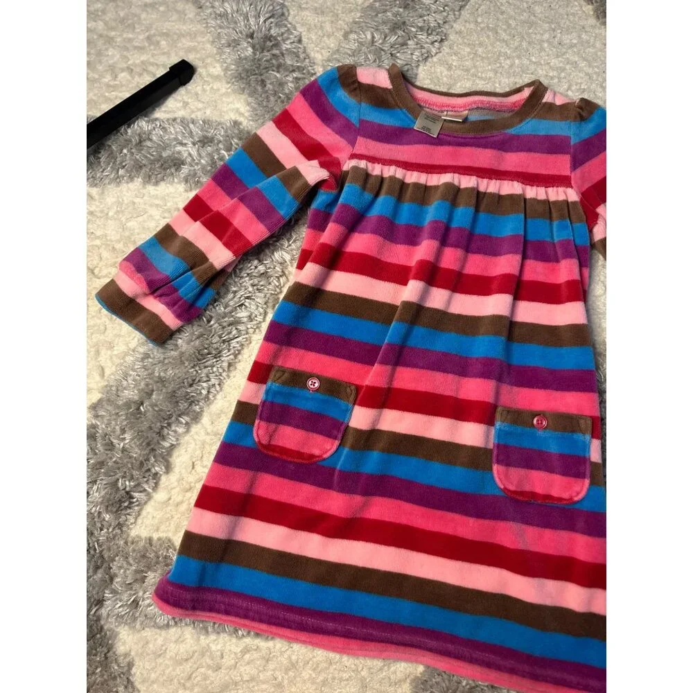 OshKosh‎ B'gosh Velour Dress Pink Striped Pockets Long Sleeve Cozy 24M Girls